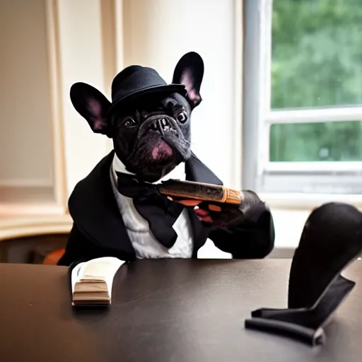 Prompt: a portrait picture of a black french bulldog wearing a dinner jacket wearing a hat and reading glasses, smoking a pipe sitting at a table at a french cafe cinematic symmetric n - 4