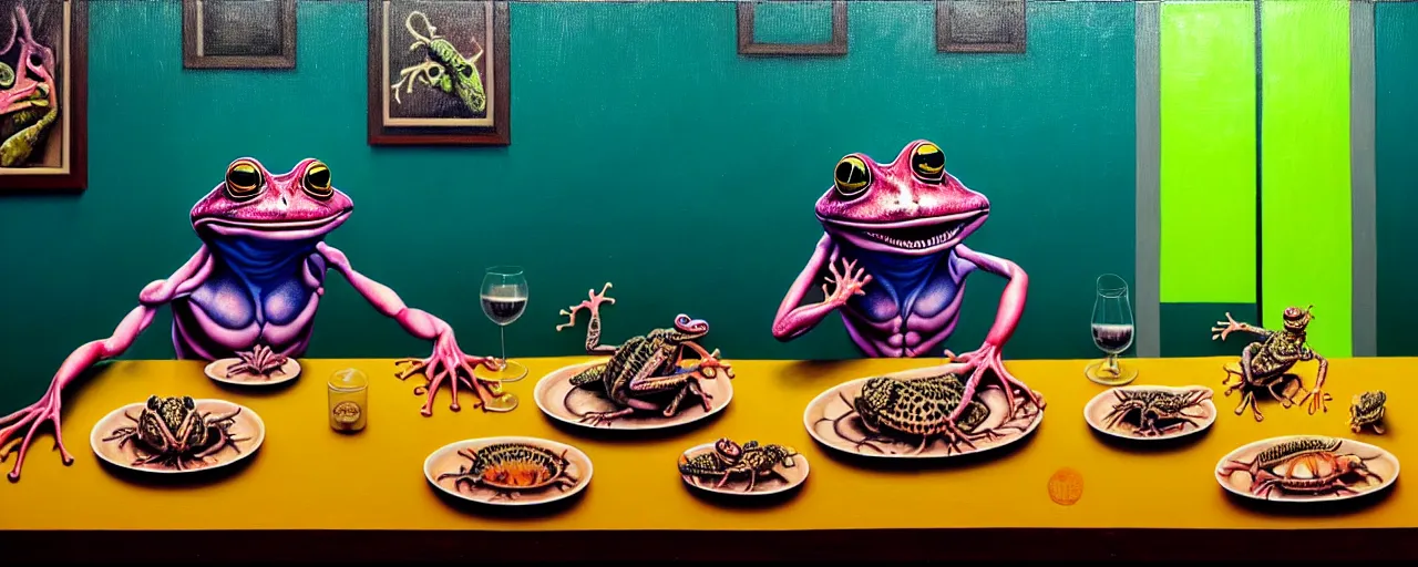 Prompt: hyper realistic detailed painting of a criminal yakuza frog and bug family in weird clothes in an old italian restaurant feasting over alien brain dishes and drinking neon blue wine by Bel Fullana, Leonora Carrington, Rhys Lee, Storm Thorgerson, and beeple, neo noir art, semi naive, rich deep colors, cinematic. Allison Schulnik painting, part by Adrian Ghenie and Gottfried Helnwein. art by Ron Mueck. masterpiece