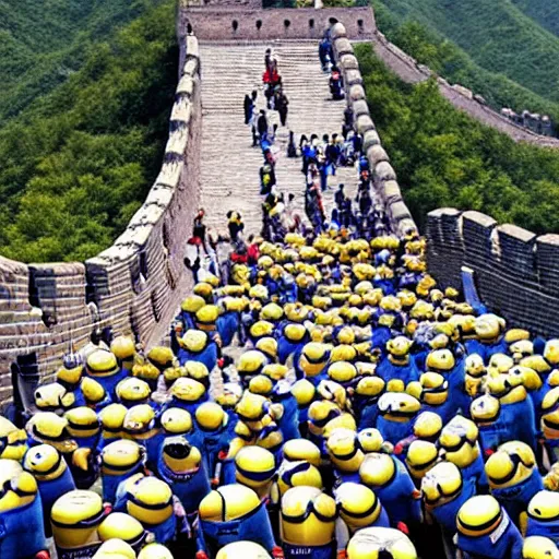 Image similar to The Minions, walking in a single file line, on the Great Wall of China, photo realistic