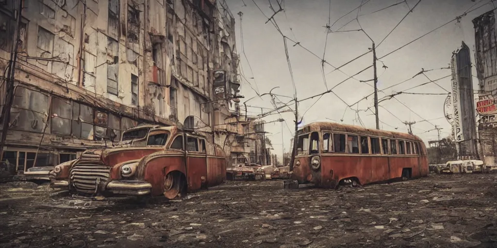 Image similar to low wide angle shot of dilapidated fallout 5 europa, retro futuristic euro cityscapes, desolate, dilapidated neon signs, few rusted retro futuristic vintage parked vehicles like cars, buses, trucks, trams, volumetric lighting, photorealistic, fog, daytime, spring, rainy weather, sharp focus, ultra detailed, 4 0 0 0 k