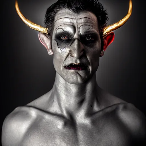 Image similar to photorealistic, iso - 4 0 0, canon eos 5 d mark iv, shot on 7 0 mm, portrait of male archangel bellringer with colloidal silver skin makeup, from lexx by lee jeffries and platon, flames halo ring over head, demonic, horns, fangs, nd 4, perfect studio lighting