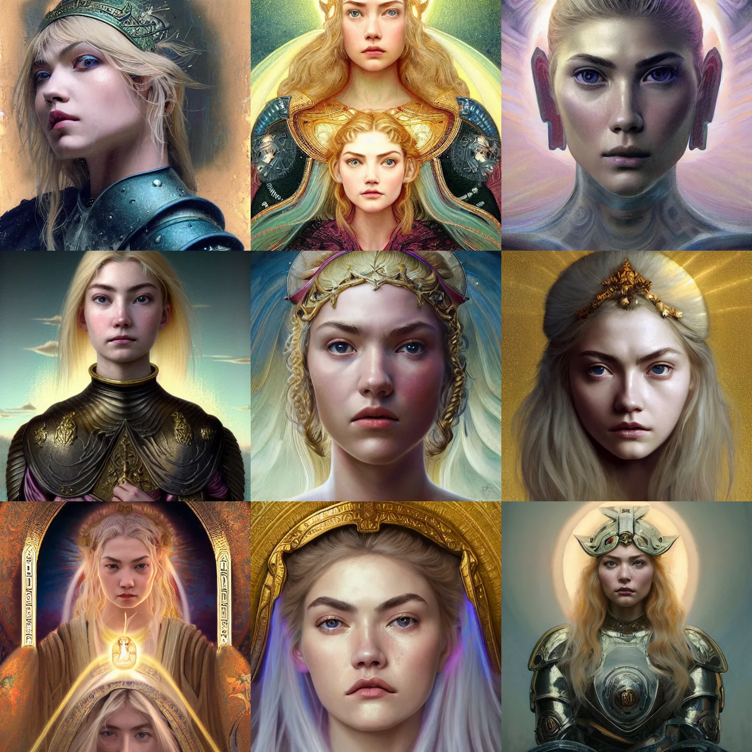 Prompt: masterpiece head-on symmetrical centered painted portrait, Imogen Poots and Elisha Cuthbert as a holy warrior, blonde hair, holy light halo, glorious, sacred, wearing full metal armour, elegant, distant, in the style of Edgar Maxence and Ross Tran and Zdzisław Beksiński and Michael Whelan and Mucha, 8k, octane render