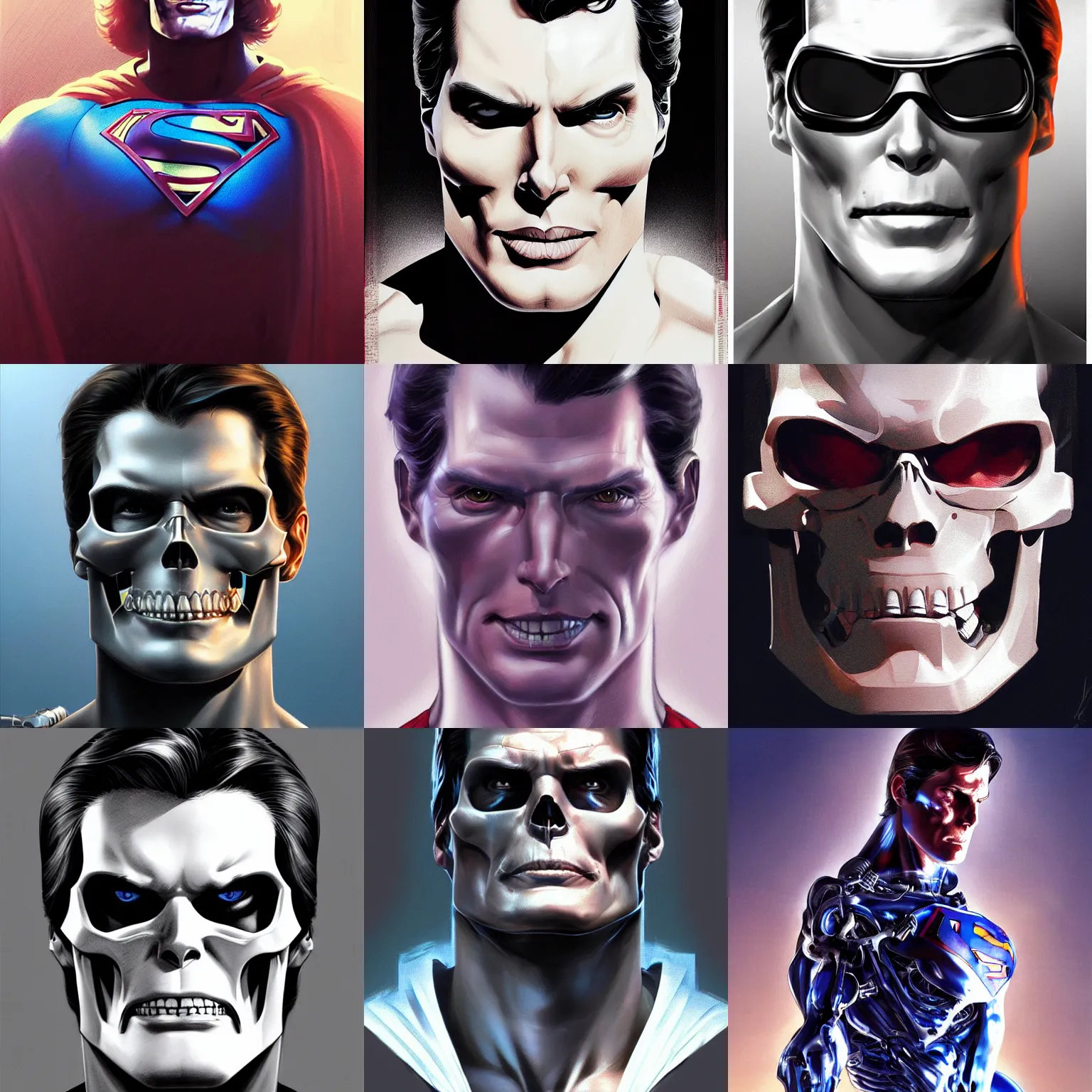 Prompt: Christopher reeve!!! terminator skull exposed , superman costume, realistic shaded perfect face, fine details. not anime. Realistic shaded lighting poster by Ilya Kuvshinov katsuhiro, magali villeneuve, artgerm, Jeremy Lipkin and Michael Garmash, Rob Rey and Kentarõ Miura style, trending on art station