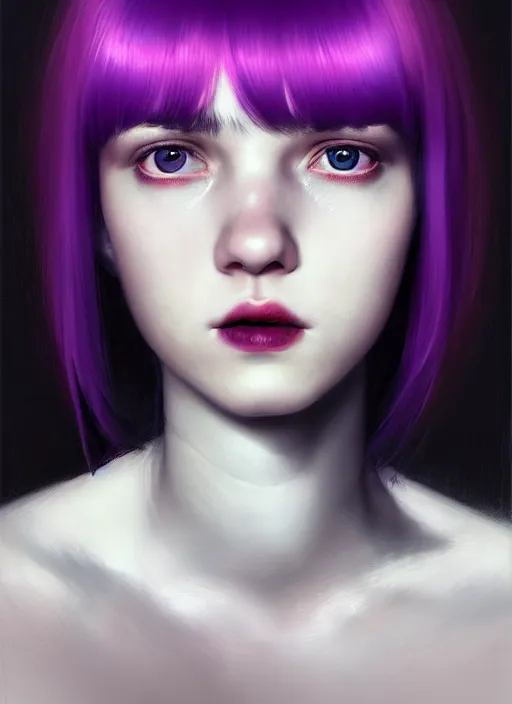 Image similar to portrait of teenage girl, red irises, bangs, black and white hair, white bangs, purple clothes, white bangs, two color hair, black hair and white bangs, intricate, elegant, glowing lights, highly detailed, digital painting, artstation, concept art, smooth, sharp focus, illustration, art by wlop, mars ravelo and greg rutkowski