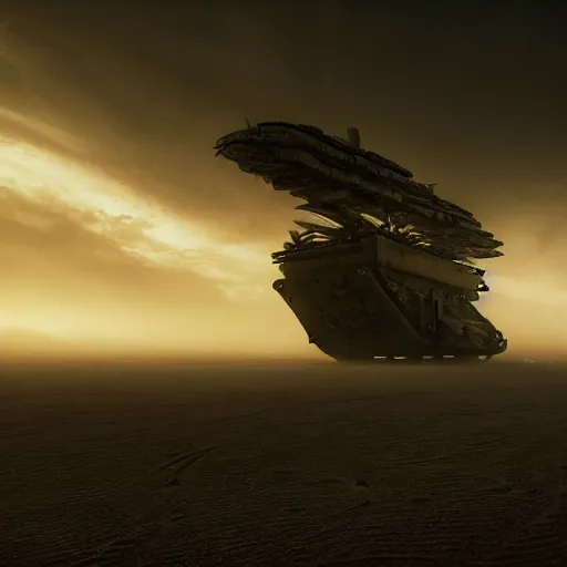 Prompt: cyberpunk cinematic scene of a wreckage of a gigantic stranded sci-fi aircraft carrier in the desert surrounded by dunes, quads and jeeps Madmax style. Haze and a sandstorm is gathering in the sky, gloomy mood, epic scene, hyperrealistic, intricate detail, photo-realistic. Cinematic and volumetric light. Epic concept art. Octane render and Unreal Engine