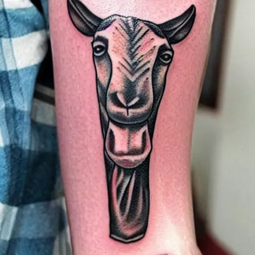 Prompt: a tattoo of a goat. The goat has a stick of dynamite in its mouth