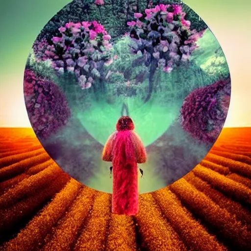 Image similar to A picture of a planet of various flowers, fungus and plants, in which the human figure is dressed in something magical and impressive, inside the picture is infinity, sunset light, Atmospheric phenomenon, artistic photography, muted colors, conceptual