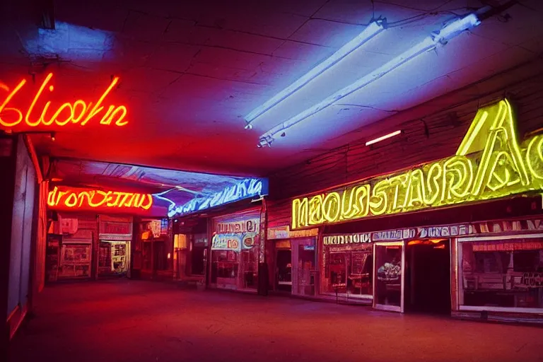 Image similar to a dinosaur shopping, inside of a 1970s music store store, neon lights, dirty, ektachrome photograph, volumetric lighting, f8 aperture, cinematic Eastman 5384 film