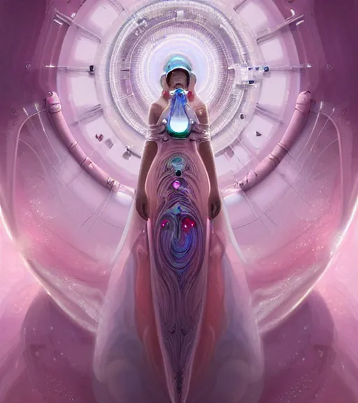 Image similar to porttait of a beautiful celestial Italian Mexican pearlescent interstellar Goddess wearing a futuristic slim dress exposed in cryo chambers by James Jean, pink and white theme, intricate, elegant, highly detailed, centered, digital painting, artstation, concept art, smooth, sharp focus, illustration, by Peter Mohrbacher, WLOP