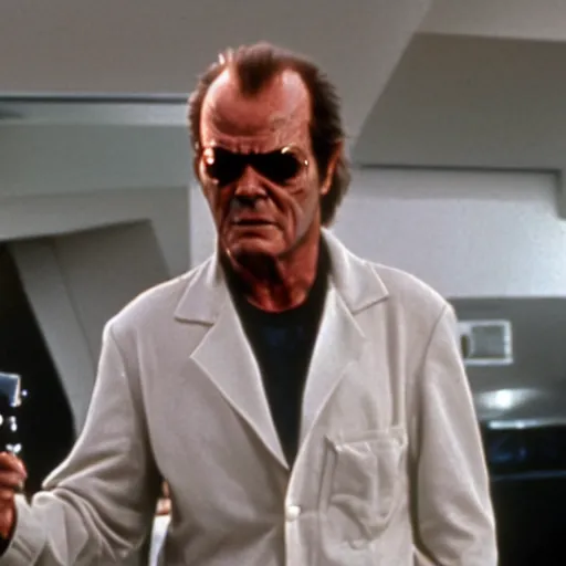 Image similar to Jack Nicholson plays Terminator, film scene where his endoskeleton gets exposed