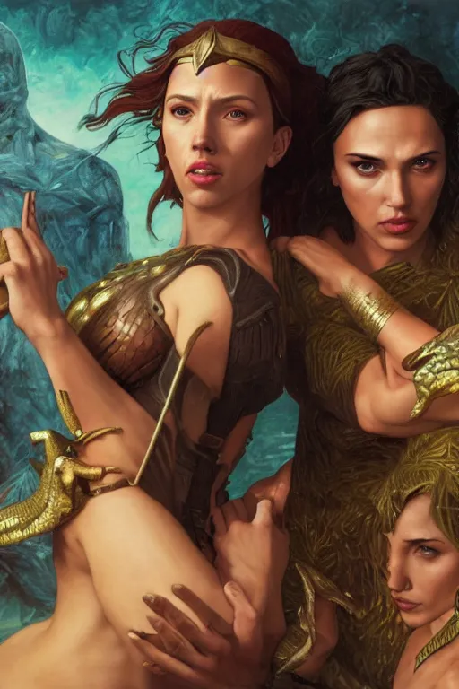 Image similar to A fantasy comic book style Oil Painting portrait of hybrid Scarlett Johansson and Gal Gadot, as Atlantean Reptilian Warriors, Mystical Valkyrie, unreal 5, DAZ, hyperrealistic, octane render, Regal, Refined, Detailed Digital Art, RPG portrait, William-Adolphe Bouguereau, Michael Cheval, Walt Disney (1937), François Boucher, Steampunk, Josephine wall, dynamic lighting, Highly Detailed, Cinematic Lighting, Unreal Engine, 8k, HD