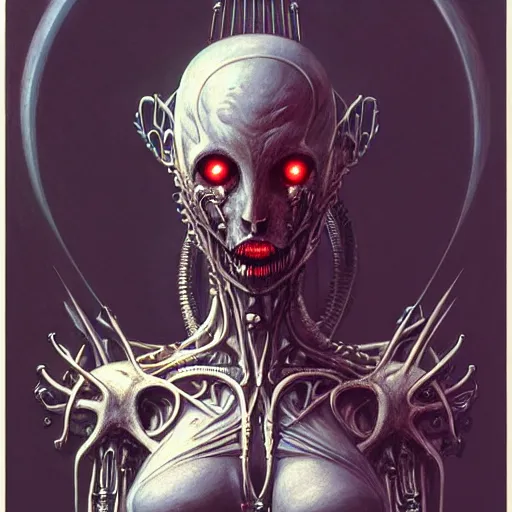 Image similar to a portrait of a beautiful biomechanical queen of vampires, horror concept art by giger and beksinski and szukalski and wlop and pete mohrbacher, digital art, highly detailed, intricate, sci-fi, sharp focus, Trending on Artstation HQ, deviantart, unreal engine 5, 4K UHD image
