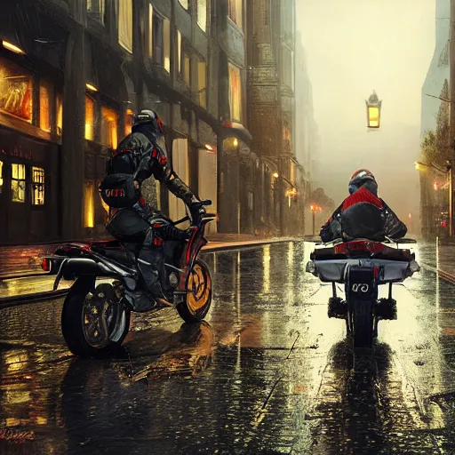 Image similar to highly detailed, photo realistic, futuristic drz 4 0 0 s at night in the rain driving on a city street, dense fog, unreal engine, by greg rutowski, by stanley artgerm, by alphonse mucha