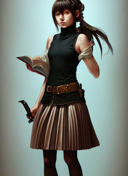 Image similar to portrait of a full body of beautiful young female detective, d & d, sleeveless turtleneck, pleated skirt, fantasy, flat lighting, intricate, highly detailed, digital painting, artstation, concept art, smooth, sharp focus, illustration, misa amane, art by simon bisley and greg rutkowski and alphonse mucha, natural tpose