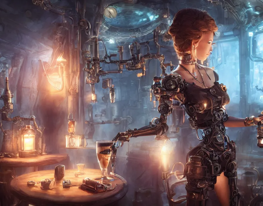 Prompt: a cyborg girl drinking jn fantasy airship tavern, steampunk, realistic fingers, realistic body, realistic clothing, beautiful texture, beautiful graphics, fantasy artwork, very beautiful scenery, hd, hdr, ue 5, ue 6, unreal engine 5, cinematic 4 k wallpaper, 8 k, ultra detailed