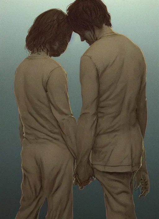 Prompt: portrait of Mads Mikkelsen and Hugh Dancy holding hands romantically as they chaperone school dance by (Zdzislaw Beksinski), Michael Whelan, Bob Larkin and Tomer Hanuka, simple illustration, domestic, nostalgic, clean, Matte painting, trending on artstation and unreal engine, New Yorker magazine cover