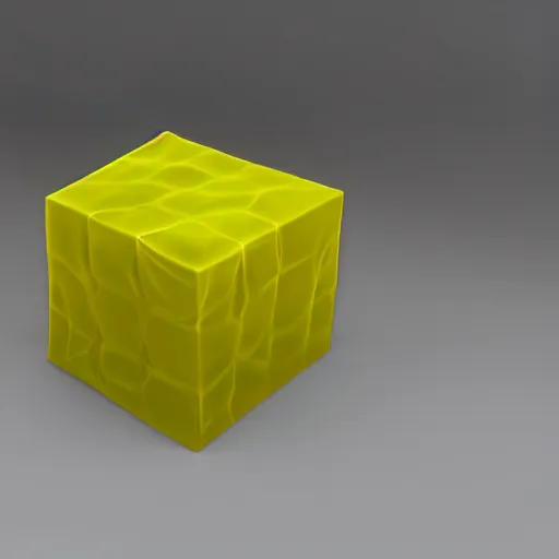 Image similar to a perfect cube covered in a sticky yellow slime substance, realistic, 4 k, raytracing