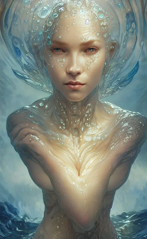 Prompt: portrait of a water creature, a humanoid with translucent skin, made of pure water, concept art, deep focus, fantasy, intricate, highly detailed, digital painting, artstation, matte, sharp focus, illustration, art by artgerm and greg rutkowski and alphonse mucha