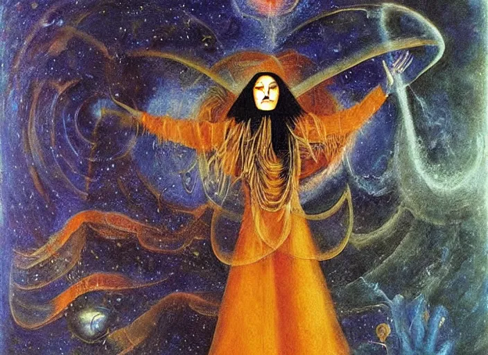 Prompt: a shaman woman holding up the cosmic!!! universe!, by remedios varo, reflection, symbolist!, psychedelic colors, dramatic lighting, smooth, sharp focus, extremely detailed, aesthetically pleasing composition