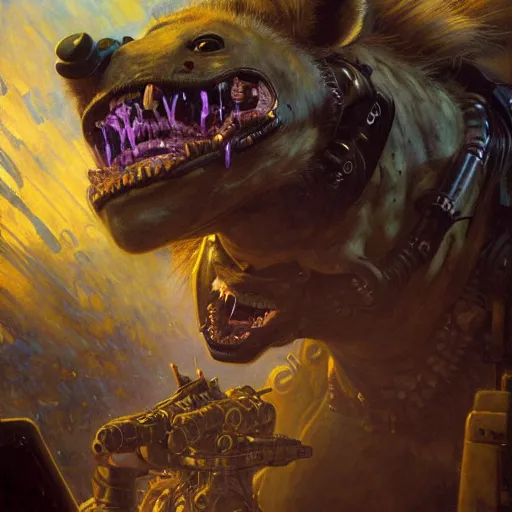 Image similar to portrait of a hyena gnoll doctor. futuristic spaceship. shadowrun furaffiniy cyberpunk fantasy highly detailed painting by gaston bussiere craig mullins jc leyendecker gustav klimt artgerm greg rutkowski john berkey, bergey, craig mullins, ruan jia, raymond swanland, jeremy mann, tom lovell, alex malveda