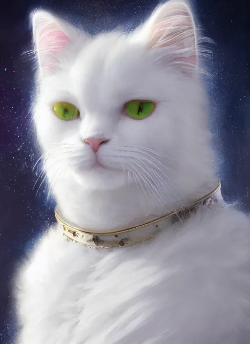 Image similar to masterpiece portrait of a white fluffy cat with cosmic armor, au naturel, hyper detailed, digital art, trending in artstation, cinematic lighting, studio quality, smooth render, unreal engine 5 rendered, octane rendered, art style by klimt and nixeu and ian sprigger and wlop and krenz cushart and kim jung gi and greg rutkowski