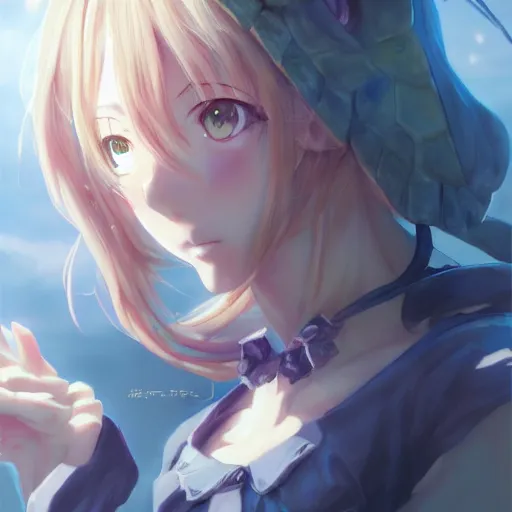 Image similar to anime portrait of a turtle as an anime girl by Stanley Artgerm Lau, WLOP, Rossdraws, James Jean, Andrei Riabovitchev, Marc Simonetti, and Sakimichan, trending on artstation