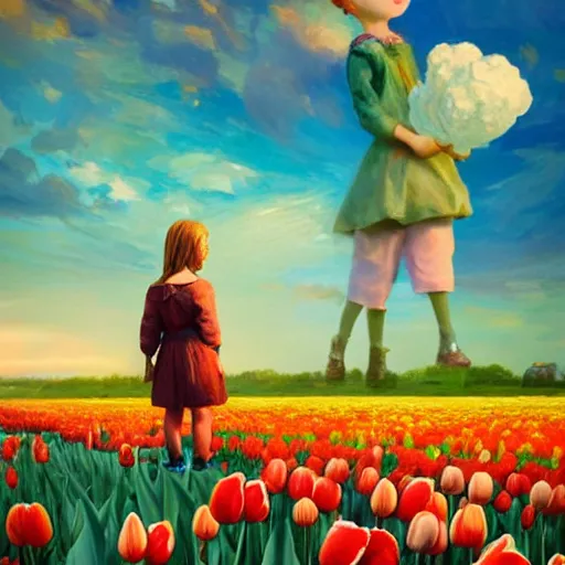 Image similar to dutch girl with singular giant tulip as a head, surreal photography, flower field, sunset dramatic light, impressionist painting, colorful clouds, blue sky, digital painting, artstation, simon stalenhag