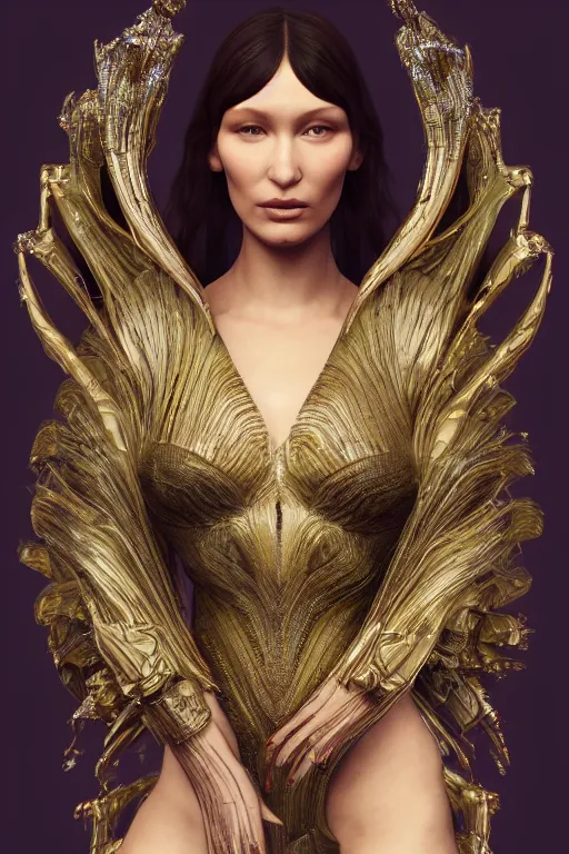 Image similar to a highly detailed 4 k render of a beautiful alien goddess bella hadid in iris van herpen dress schiaparelli in diamonds in style of alphonse mucha trending on artstation made in unreal engine 4