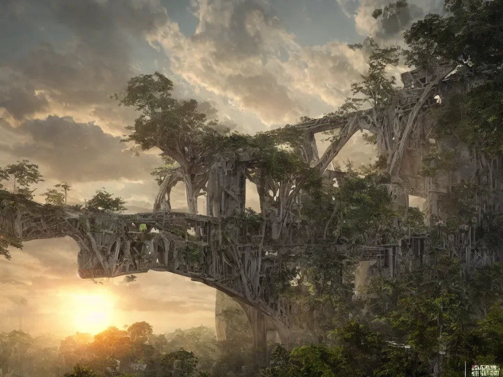 Image similar to a high magnificent broken bridge in a war-torn city, ruins, surrounded by lush green vegetation, stunning volumetric lighting, sunset, solid concrete, stunning skies, trending on Artstation, 8k, photorealistic, hyper detailed, unreal engine 5, IMAX quality, cinematic, epic lighting, in the style of DOOM and Quake and Le Corbusier and Greg Rutkowski