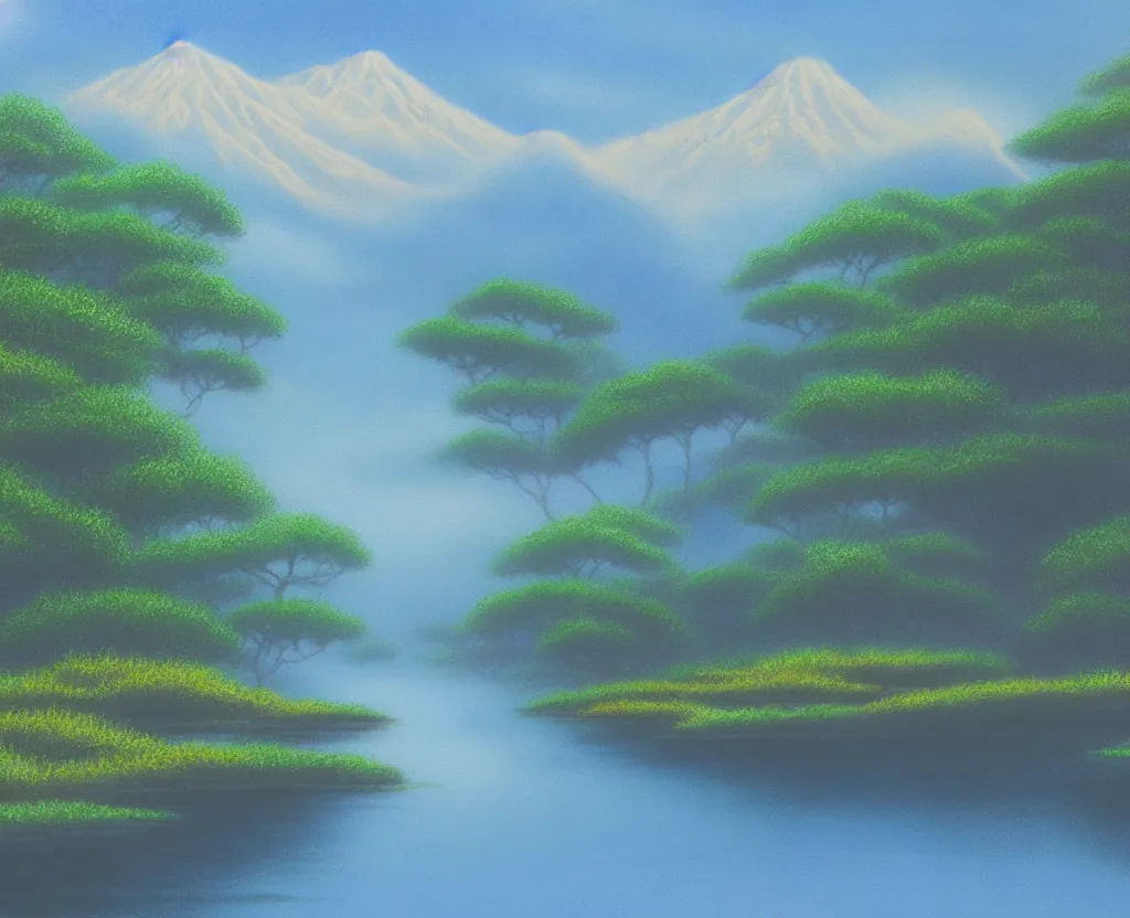 Prompt: a landscape pastel in the style of noriyoshi ohrai and bob ross of a blue reflective path to some misty mountains in the background. along the path stands pillars that reflect in the water. key art. 4 k fantasy