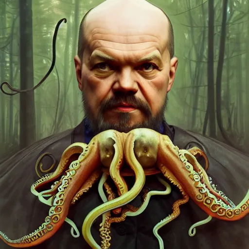 Image similar to photo of vladimir lenin as humanoid octopus, tentacles beard, tentacles heands, mushroom hat, hybrid were a heroic dress an armour in the forest, highly detailed, digital painting, artstation, smooth, sharp focus, illustration, art by artgerm and greg rutkowski and alphonse mucha