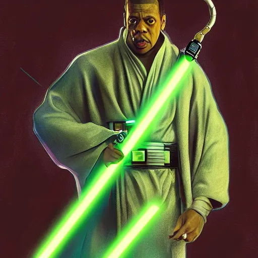 Prompt: Jay-Z as a Jedi from Star Wars fighting darth Vader , green light saber, realistic portrait, symmetrical, highly detailed, digital painting, artstation, concept art, smooth, sharp focus, illustration, cinematic lighting, art by artgerm and greg rutkowski and alphonse mucha