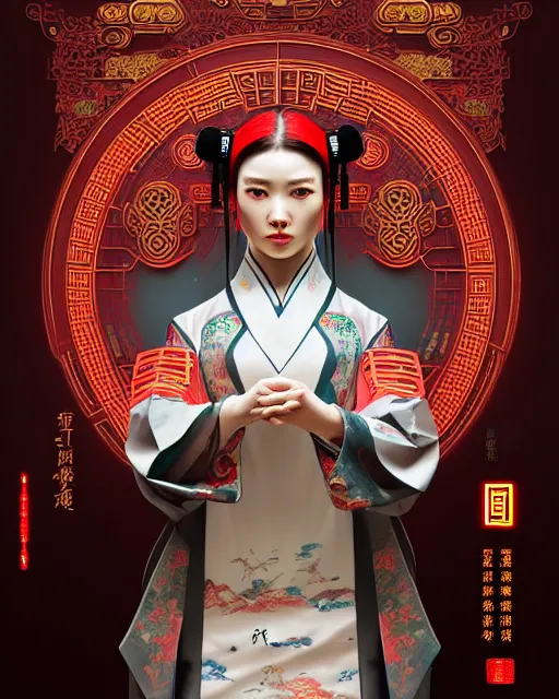 Prompt: portrait of a chinese cyberpunk machine, machine face, robed, upper half portrait, decorated with chinese opera motifs regal asian machine robot cyberpunk fine china, wuxia, traditional chinese art intricate intense elegant highly detailed digital painting artstation concept art smooth sharp focus illustration, art by artgerm and greg rutkowski alphonse mucha 8 k