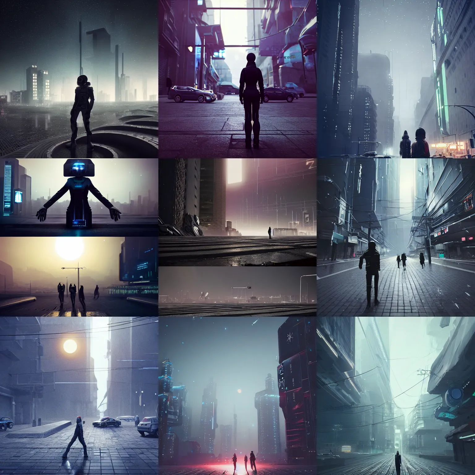 Prompt: people on the streets on a grey rock planet city, black sky full of stars, blinding sun, Neo Norilsk, Neo Kyiv, sci-fi, cyberpunk outfits, photorealistic, intricate, very very beautiful, elegant, smooth, photorealistic, cinematic, Unreal Engine 5, by Beeple, trending on Behance