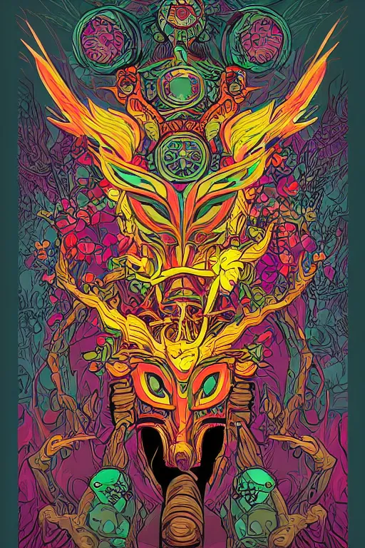 Image similar to animal mask totem roots flower tribal feather gemstone plant wood rock shaman vodoo video game vector cutout illustration vivid multicolor borderlands comics by josan gonzales and dan mumford radiating a glowing aura