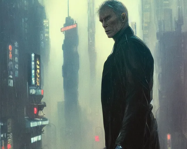 Prompt: 2 0 1 8 blade runner movie smooth face clint eastwood in his youth look at the cityscape from roof perfect face fine realistic face pretty face reflective polymer suit tight neon puffy jacket blue futuristic sci - fi elegant by denis villeneuve tom anders zorn hans dragan bibin thoma greg rutkowski ismail inceoglu illustrated sand storm alphonse mucha