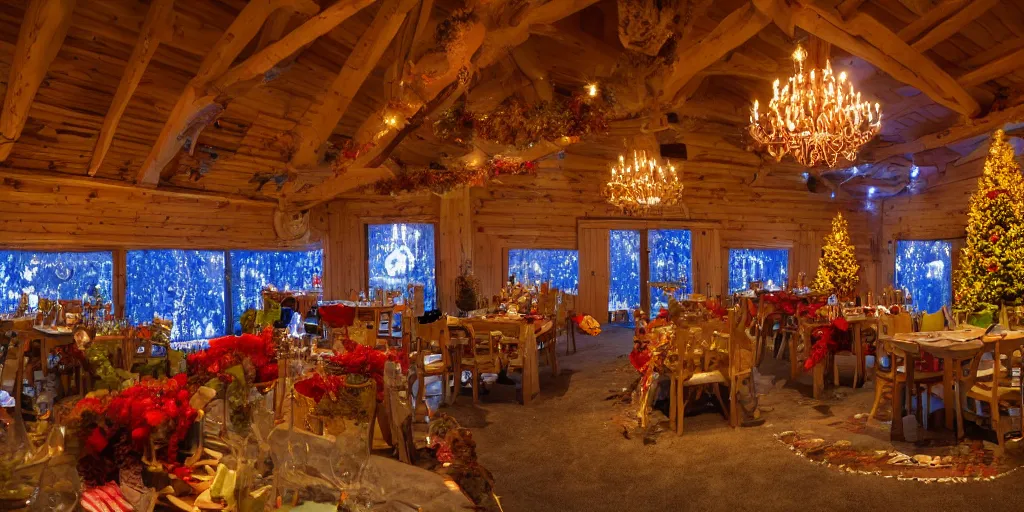 Prompt: Playrix Fishdom event room, chalet lit by garlands in the mountains on a winter night