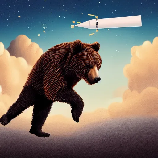 Prompt: a bear running to catch a rocket ship that already launched, digital painting, fine detail, matte finish, 4 k