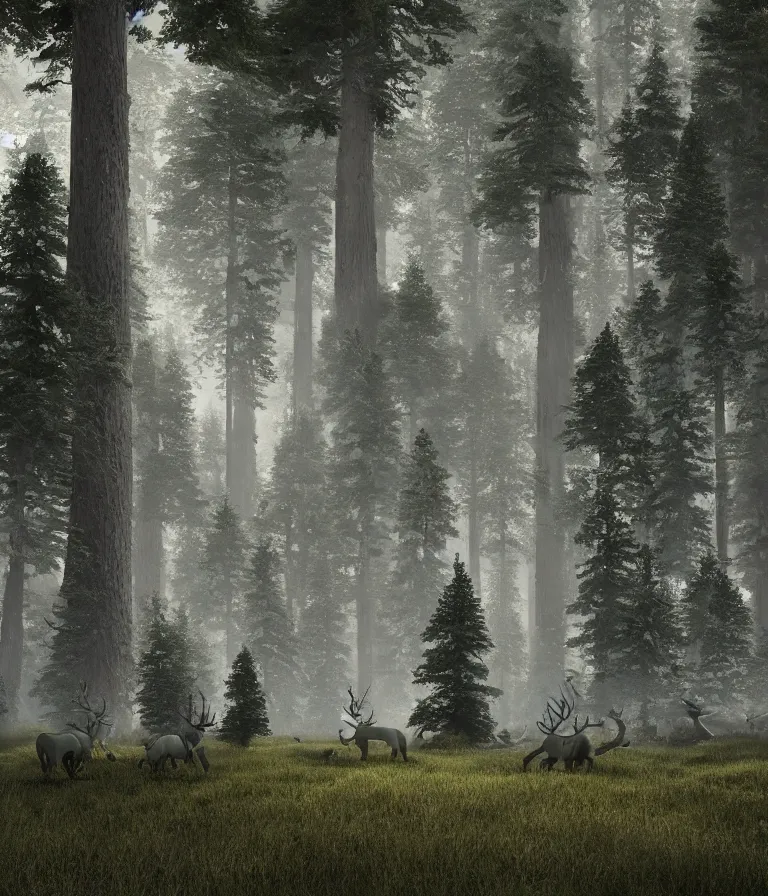 Prompt: a beautiful hyperrealistic detailed 3 d render colossal grey forest creatures guarding a wall of infinite pine trees, by anton otto fischer, atey ghailan, by goya, unreal engine, octane render, epic, 3 d, intricate, ultra wide, artstation, volumetric lighting, hdr, polished, micro details, ray tracing, 8 k