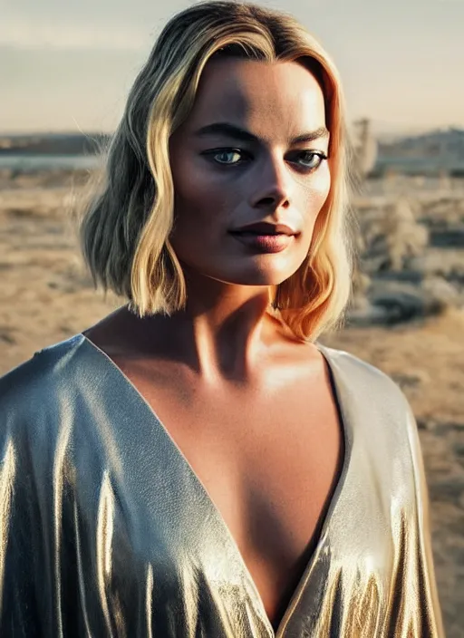 Prompt: beautiful Margot Robbie in a Solarpunk leather robe, accurate anatomy, abstract sun in background, shiny soft skin, soft lighting, sharp details, warm colors, full body portrait, 35 mm film, subsurface scattering, lens flare