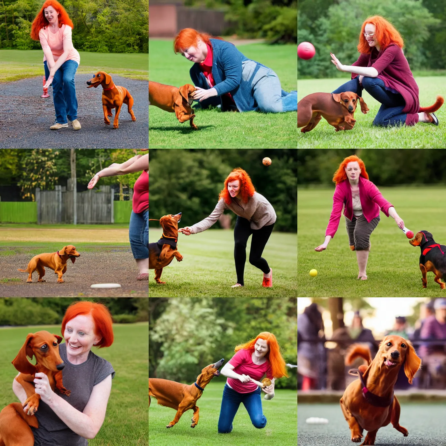 Prompt: a ginger woman playing catch with her dachshund