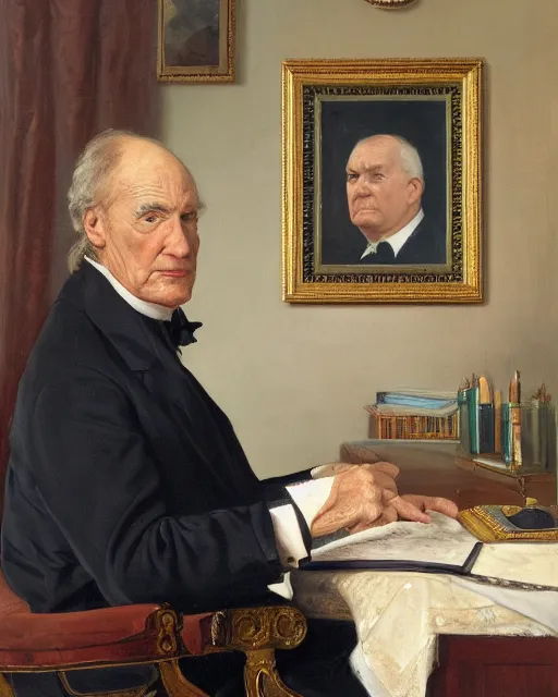 Image similar to facial portrait of the united states president, an ugly 7 8 year old kobe bryant, resolute desk, 1 8 4 8, oil on canvas by william sidney mount, trending on artstation, national archives