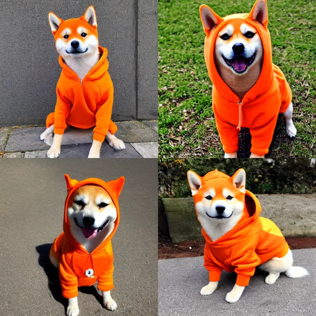 Prompt: shiba inu wearing an orange hoodie,realistic