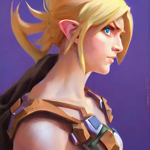 Image similar to greg manchess portrait painting of partially armored female link from legend of zelda as overwatch character, medium shot, asymmetrical, profile picture, organic painting, sunny day, matte painting, bold shapes, hard edges, street art, trending on artstation, by huang guangjian and gil elvgren and sachin teng