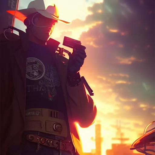 Image similar to cyberpunk cowboy, single subject, scenic full shot, ambient lighting, detailed face, by makoto shinkai, stanley artgerm lau, wlop, rossdraws