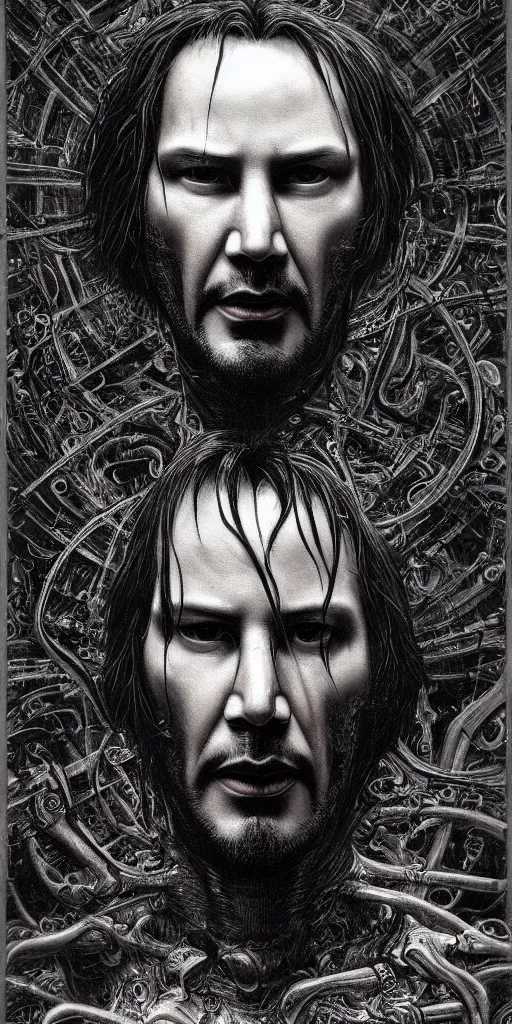 Prompt: portrait of keanu reeves, hyperdetailed, nightmare, abomination, ultrarealistic, by h. r. giger and zdislaw beksinski, science fiction, alien, religious art, mandelbrot fractal, trending on deviantart