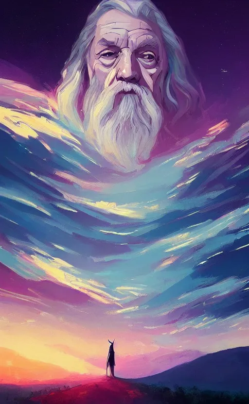 Image similar to a beautiful portrait of gandalf, art of alena aenami, featured on artstation, vertical orientation, paint brush strokes, expressionism, brushstroke - laden, breathtaking clouds, long exposure, midnight theme, blue purple gradient