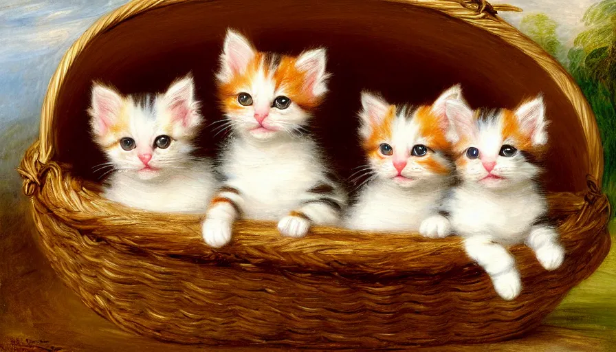 Prompt: highly detailed painting of cute furry calico kittens cuddled up in a basket by william turner, thick brush strokes and visible paint layers, 4 k resolution, red and green colour scheme