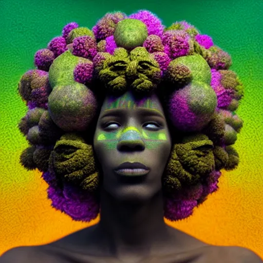 Image similar to an african marijuanna! shaman with an afro made of flowers, third eye art art by machina infinitum, complexity from simplicity, rendered in octane, mandelbulb 3 d, ambient occlusion, macro photography, felt!!! texture, tribal, neon! retrowave