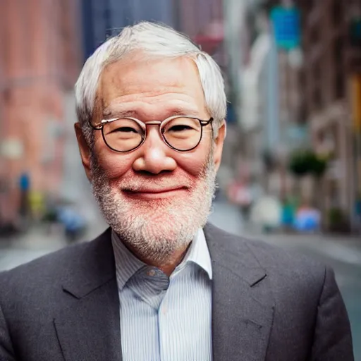 Prompt: photoshoot of a japanese david letterman, 5 0 mm, soft focus